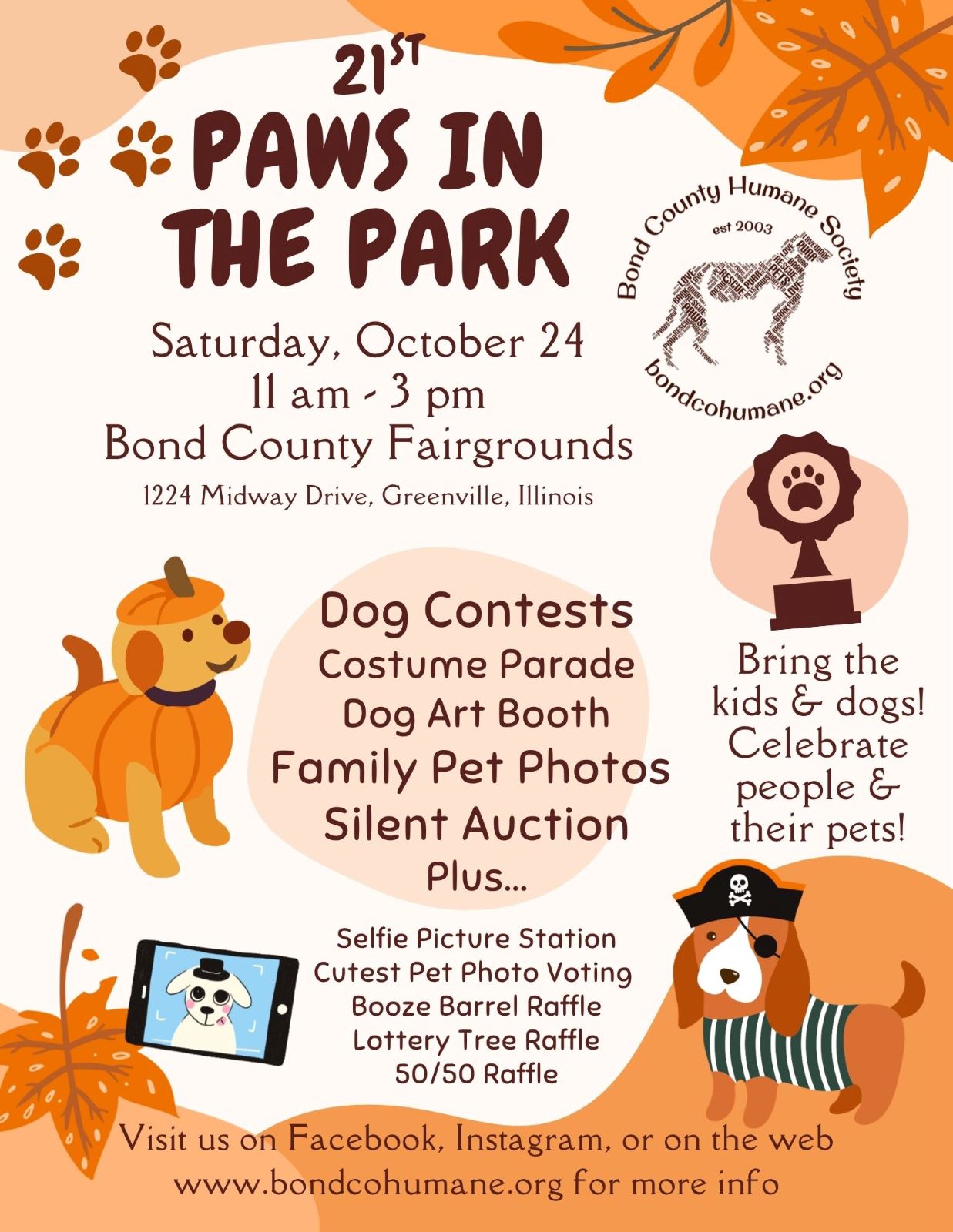 Flyer for the 21st Paws in the Park at Bond County Fairgrounds, Oct. 24, featuring dog contests, costume parade, pet photos, and more.